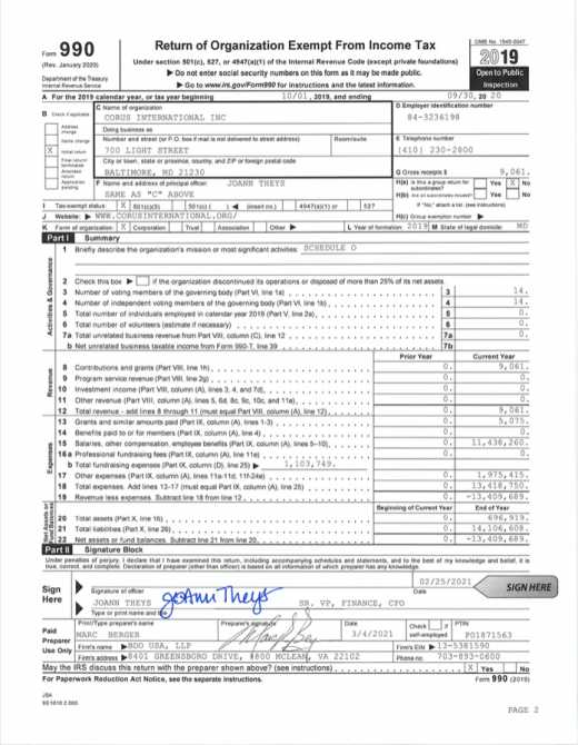 Corus Finance Form 990 FY20