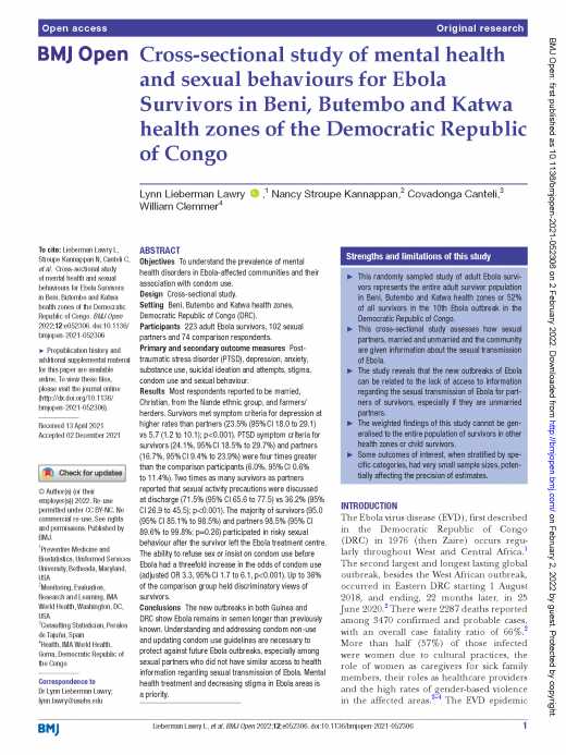 Cross-sectional study of mental health and sexual behaviours for Ebola Survivors in Beni, Butembo and Katwa health zones of the Democratic Republic of Congo 