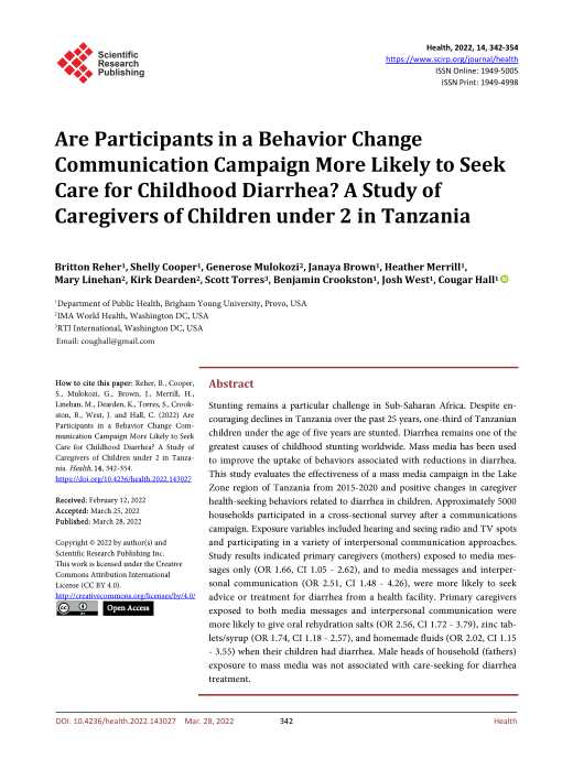 Are Participants in a Behavior Change Communication Campaign More Likely to Seek Care for Childhood Diarrhea? A Study of Caregivers of Children under 2 in Tanzania